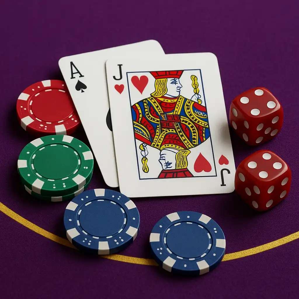 Blackjack cards and poker chips on a purple felt table