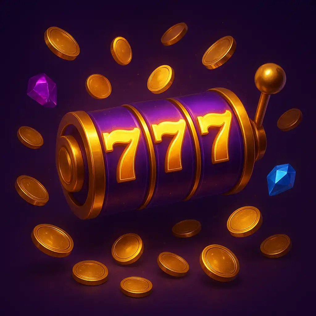 Illustration of a glowing purple and gold slot reel surrounded by coins at Jamslot Casino